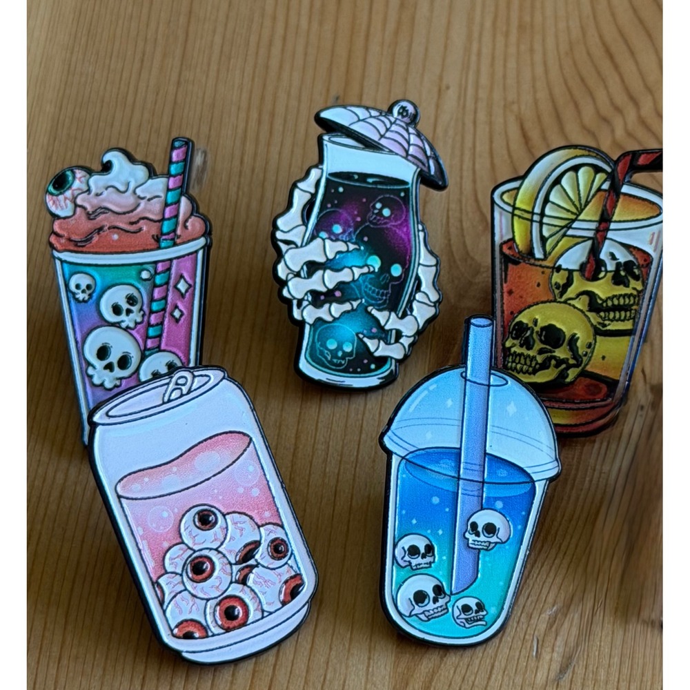Spooky Drink Enamel Pin Set Skull Boba Eyeball Soda Gothic Halloween Flair 5pc